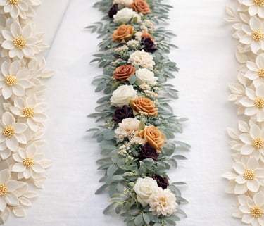 Rustic floral table runner with cream, terracotta, and burgundy roses on a white tablecloth.