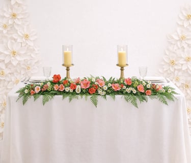 Elegant wedding table decor featuring a floral runner with pink poppies, greenery, and lit candles.