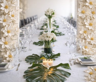 Elegant wedding table setting with white tulips, monstera leaves, and candles on a white tablecloth.