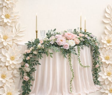 Elegant wedding sweetheart table with blush pink floral garland, tapered candles, and paper flower backdrop.