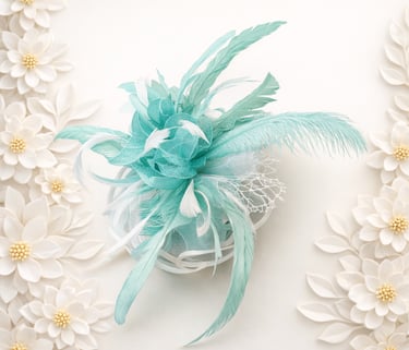 Elegant turquoise wedding fascinator with feathers and netting, framed by white floral paper art.