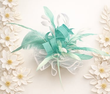 Elegant mint green and white feather fascinator hair clip surrounded by paper flowers.