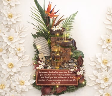 Illuminated indoor water fountain with John 4:14 bible verse, tropical flowers, and white floral wall decor.