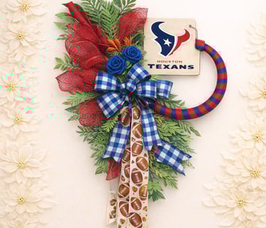 Custom Houston Texans door wreath featuring a team logo sign, blue gingham bow, and football ribbons.