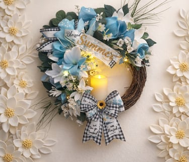 Rustic summer grapevine wreath with blue flowers, buffalo plaid bow, and a glowing candle.