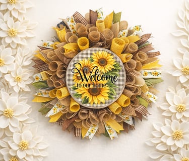Rustic burlap sunflower wreath with a Welcome to our home sign for front door decor.