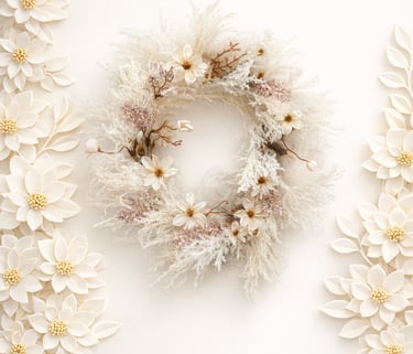 Elegant cream boho wreath with pampas grass and white paper flowers for neutral wall decor.