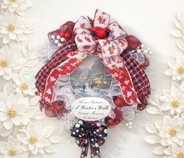 Thomas Kinkade A Winter's Walk Christmas wreath with red cardinals and festive ribbons.