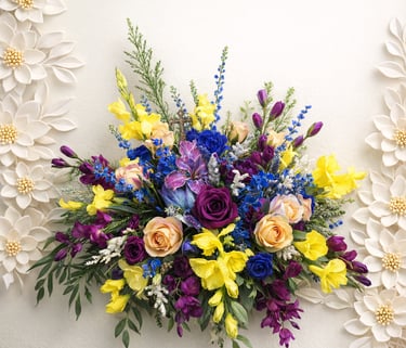 Elegant spray featuring purple roses, yellow gladiolus, and blue wildflowers on a white background.