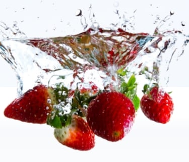 Morangos sendo higienizados com a água para retirada de agratóxicos