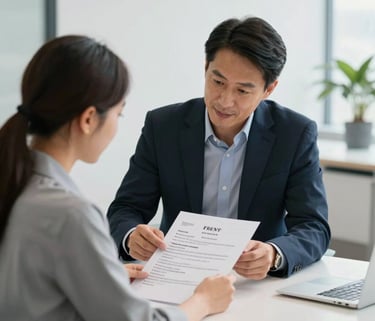 A professional mentor and a candidate sitting at a clean, white table in a bright North American office, reviewing a printed resume together with focused, hopeful expressions.