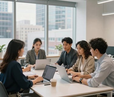 A professional photography shot of a bright, modern office space in a North American city. Diverse team members are collaborating around a clean white table, with soft natural light entering through large windows. The interior features sky blue and off-white accents.