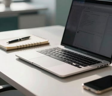 A close-up photograph of a professional laptop and a notebook on a clean, modern desk in a bright North American office, with soft sunlight and muted teal accents in the background.