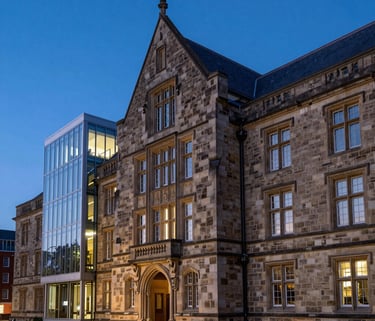 A professional photography shot of a historic university building made of stone, paired with a modern glass extension. The sky is a deep blue at dusk. International academic setting.