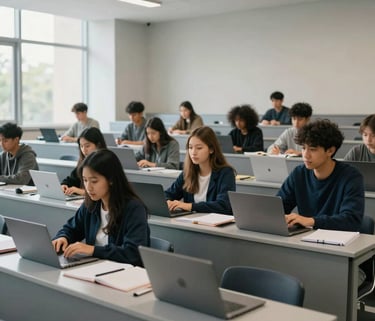 A crisp, professional wide shot of a modern, sunlit university lecture hall in a North American / International setting, featuring students engaged in learning with laptops and notebooks. The color palette includes deep navy and soft greys.
