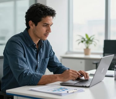A professional Latin American entrepreneur sitting in a bright, modern office, reviewing business growth charts on a laptop. Daylight illuminates a clean desk with blue accents.