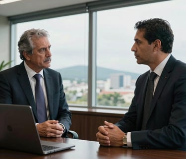 Two professional South American / Brazilian lawyers having a serious discussion in a modern office with large windows overlooking Santos, Brazil.