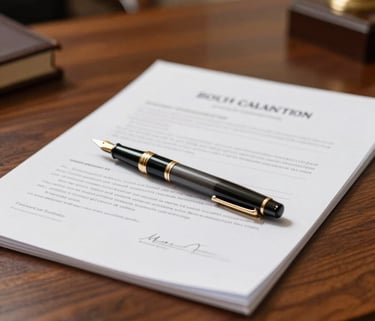 Close-up of legal documents and a luxury fountain pen on a polished mahogany desk in a South American law office, natural morning light, professional and serious atmosphere.