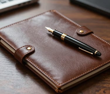 A professional close-up of a leather-bound legal folder and an elegant fountain pen resting on a dark timber desk. Soft natural light illuminates the scene in an Oceania Australian law office environment. The atmosphere is serious and authoritative.