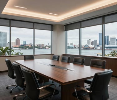 Wide shot of a professional meeting room in an Oceania / Australian law firm with a view of a harbor, elegant and serene lighting, conveying high-quality service.