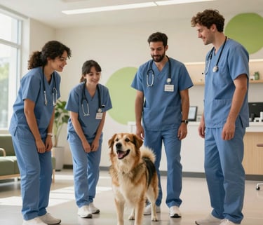 A heartwarming photo of a veterinary team in North American scrubs interacting with a happy dog in a bright, modern lobby with off-white and green accents.