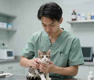 A professional photography of a veterinarian in soft sage green scrubs gently holding a small kitten during an exam in a clean, modern North American clinic.