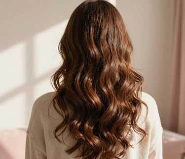 A minimalist lifestyle photograph of a woman with healthy, shiny, wavy brown hair, captured from behind in a bright, sunlit room in a North American home. Warm ivory and soft rose pink tones in the background. Natural morning light, soft shadows, cozy self-care aesthetic.