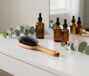 A serene, minimalist vanity table in a bright North American room, displaying natural wooden hairbrushes, botanical oils in amber glass bottles, and fresh eucalyptus leaves.