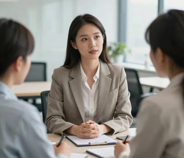 A professional recruitment consultant in a modern North American office interviewing a candidate, neutral professional attire, bright and airy office setting.