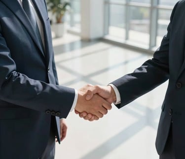 A high-angle professional photograph of a firm handshake between two people in business casual attire. The background is a bright, modern North American office lobby with large windows. The lighting is crisp morning light, and the color palette includes deep navy and cool gray tones.