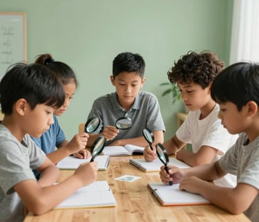 A group of North American school-aged children sitting around a wooden table in a bright, sunlit room with sage green walls, collaborating on a science project with magnifying glasses and notebooks, professional photography style.