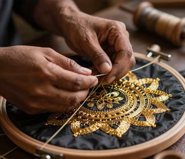 A close-up photograph of a South Asian / Indian artisan's hands carefully threading a needle with gold metallic zari thread over a dark silk fabric stretched on a traditional wooden hoop. Warm, focused lighting highlighting the intricate embroidery texture and natural wooden tools.