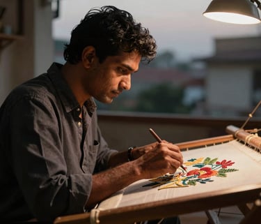Cinematic side profile of a South Asian / Indian artisan working on an embroidery frame, warm evening light, deep shadows, professional focus.
