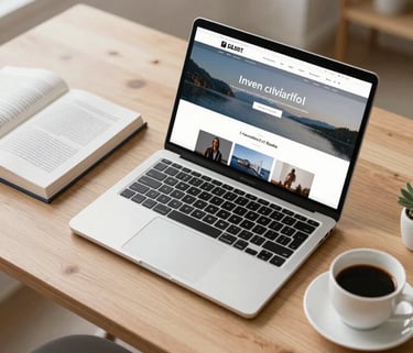 A top-down professional photography shot of a sleek laptop on a light wood desk in a bright North American home office, showing a clean minimalist website design next to a published hardcover book and a cup of coffee.