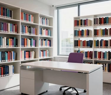 A bright, modern North American office space where bookshelves are organized by color. A large white desk sits in front of a window. Soft purple cushions on a chair.