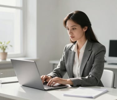 A professional woman working at a minimalist desk in a bright North American office, high-end laptop open, clean morning light, professional and focused atmosphere, white and slate grey color scheme.
