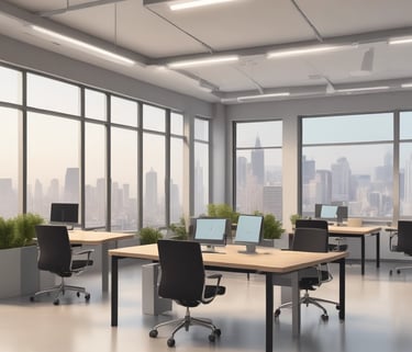 A modern office reception area with a polished floor and stylish wooden ceiling. The space features large windows offering a city view, contemporary seating arrangements, two reception desks with minimalist design, and a prominent accenture logo on an illuminated wall. There are also decorative elements such as potted plants and ambient lighting.