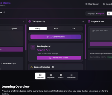 Image of dashboard in CourseClip Studio with clarity, AI and UDL drop down tabs.
