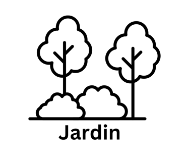 Black and white jardin icon featuring trees and bushes for garden landscape design.