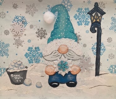 Gnome, snowballs, snowflakes acrylic art