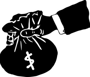 black and white illustration of hand holding a moneybag