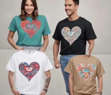 Close-up of colorful custom printed t-shirts and bags arranged on a wooden table.