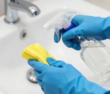 A person wearing blue gloves cleaning a sink in a home in Gainesville, Georgia.