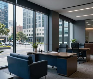 High-quality photograph of a modern law office interior. Sleek furniture, glass walls, and a view of a city plaza. Dark blue and gray-blue accents. Global / Spanish-speaking.
