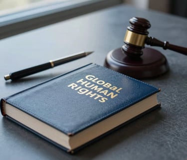 A professional desk featuring a gavel and a leather-bound book on human rights, soft natural lighting from a nearby window, dark blue and gray blue tones, Global / Spanish-speaking setting.