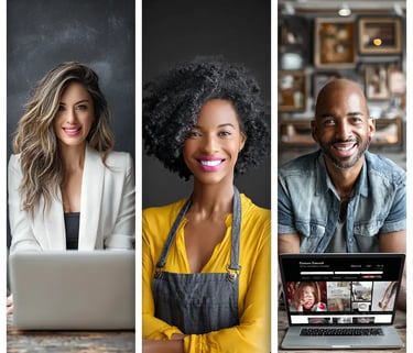 Tríptico con tres emprendedores—consultora con portátil, artesana con mandil amarillo y empresario frente a laptop con sitio 