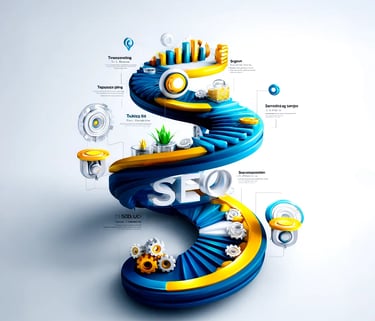 Diagrama visual en 3D que representa un proceso de SEO en espiral ascendente, con elementos como "Mini Entrevista", "Rondas",