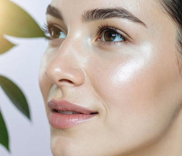 close up of womans face with clear, glowing skin smiling