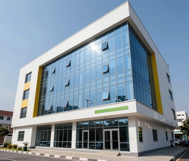 A wide-angle professional photograph of a modern coaching institute building in a South Asian city during the daytime. The architecture is sleek with large glass windows reflecting a bright blue sky, and a clean white facade with subtle yellow and green accents.