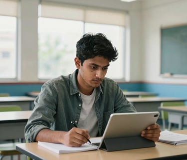 A focused South Asian student in a bright, modern classroom using a tablet and notebook for JEE preparation. The room has large windows and blue and green accents on the furniture.